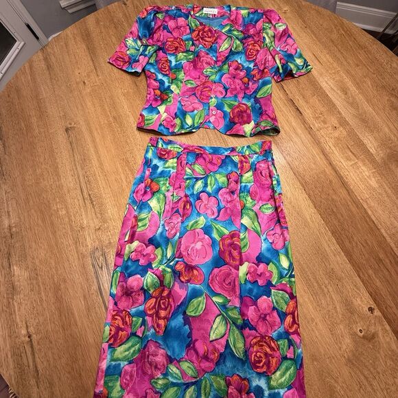 Vtg Adrianna Papell Silk Skirt Top 2 pc Set Sz 8 pink floral Maximalist Wow 90s - Picture 13 of 16